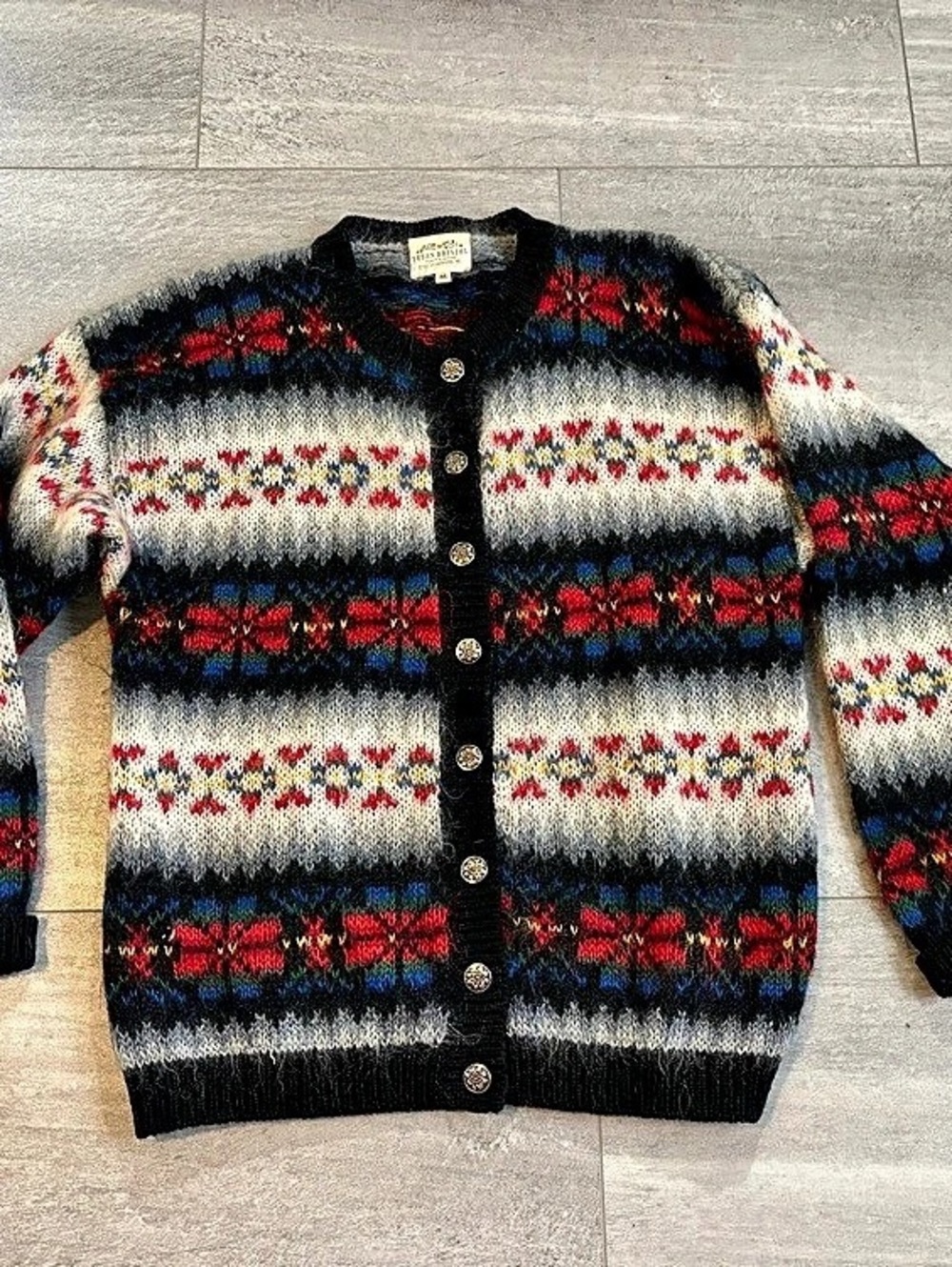 Susan Bristol Fair Isle Cardigan in Black & Red Size Medium